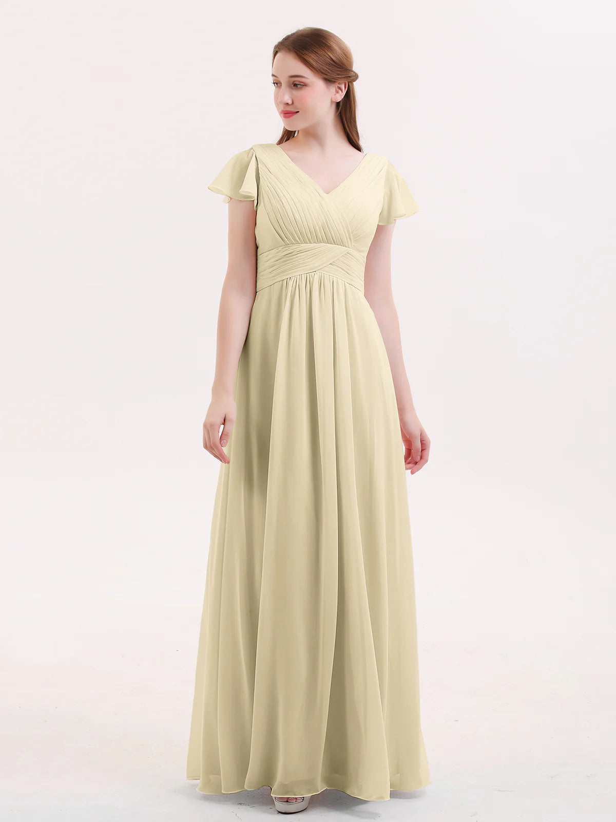 V-Neck Flutter Short Sleeve Ruched Chiffon Bridesmaid Maxi Dress with Back Zipper