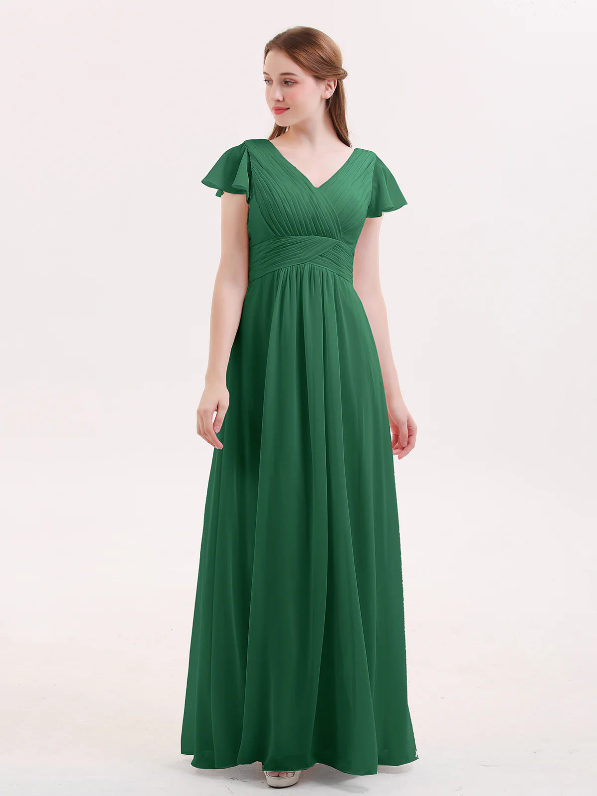 V-Neck Flutter Short Sleeve Ruched Chiffon Bridesmaid Maxi Dress with Back Zipper