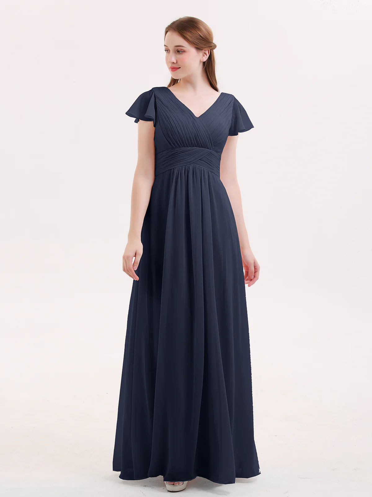V-Neck Flutter Short Sleeve Ruched Chiffon Bridesmaid Maxi Dress with Back Zipper