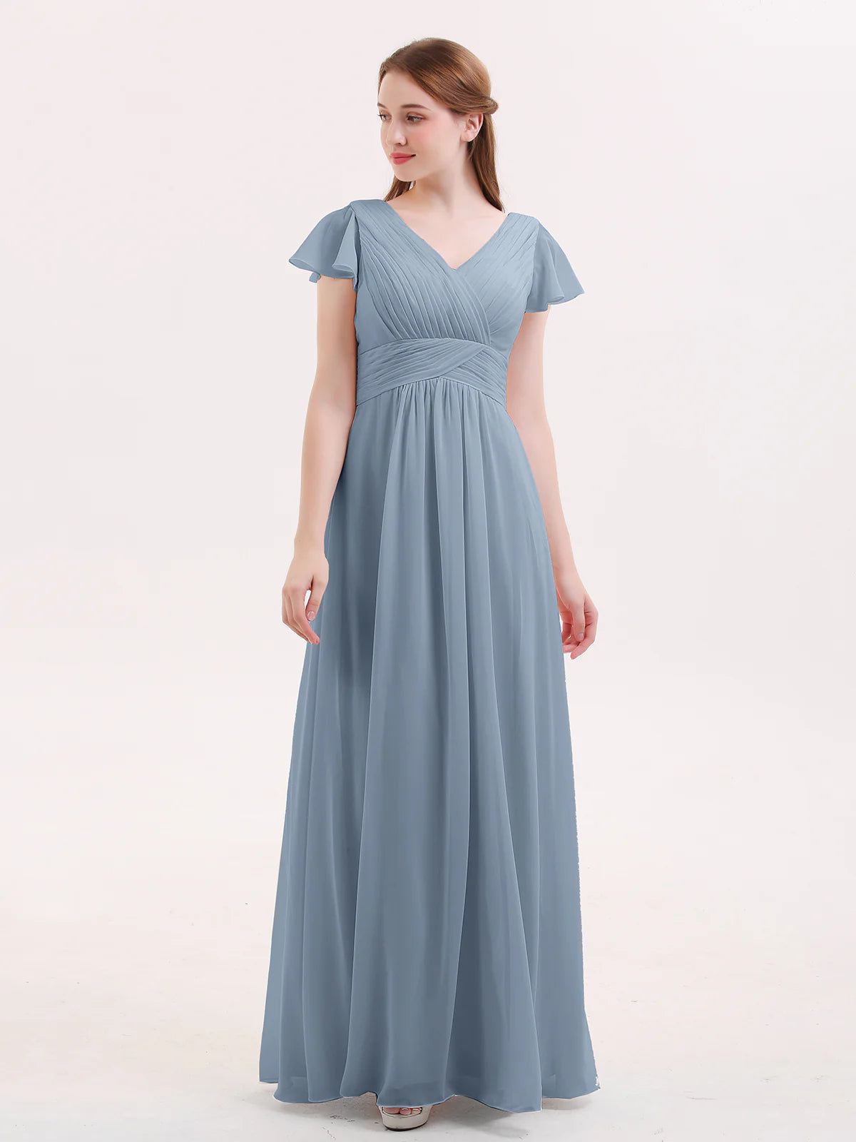 V-Neck Flutter Short Sleeve Ruched Chiffon Bridesmaid Maxi Dress with Back Zipper