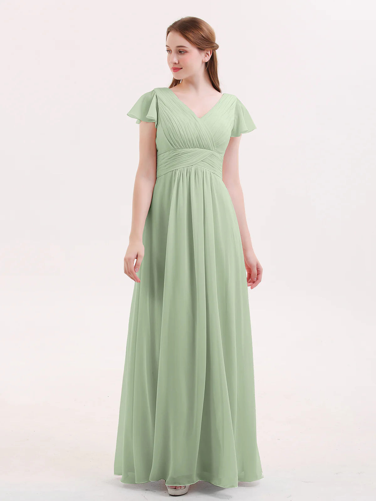 V-Neck Flutter Short Sleeve Ruched Chiffon Bridesmaid Maxi Dress with Back Zipper