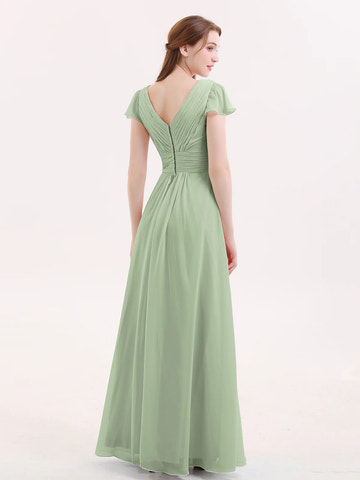 V-Neck Flutter Short Sleeve Ruched Chiffon Bridesmaid Maxi Dress with Back Zipper