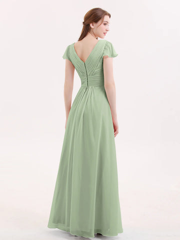 Back view of dusty sage chiffon bridesmaid dress with V-back design, flutter sleeves, ruched bodice, zipper closure, and flowy A-line skirt by VEDRESS