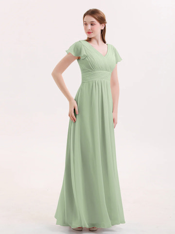 V-Neck Flutter Short Sleeve Ruched Chiffon Bridesmaid Maxi Dress with Back Zipper