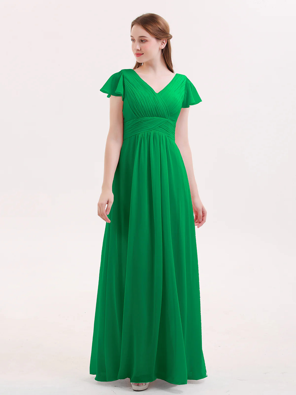 V-Neck Flutter Short Sleeve Ruched Chiffon Bridesmaid Maxi Dress with Back Zipper