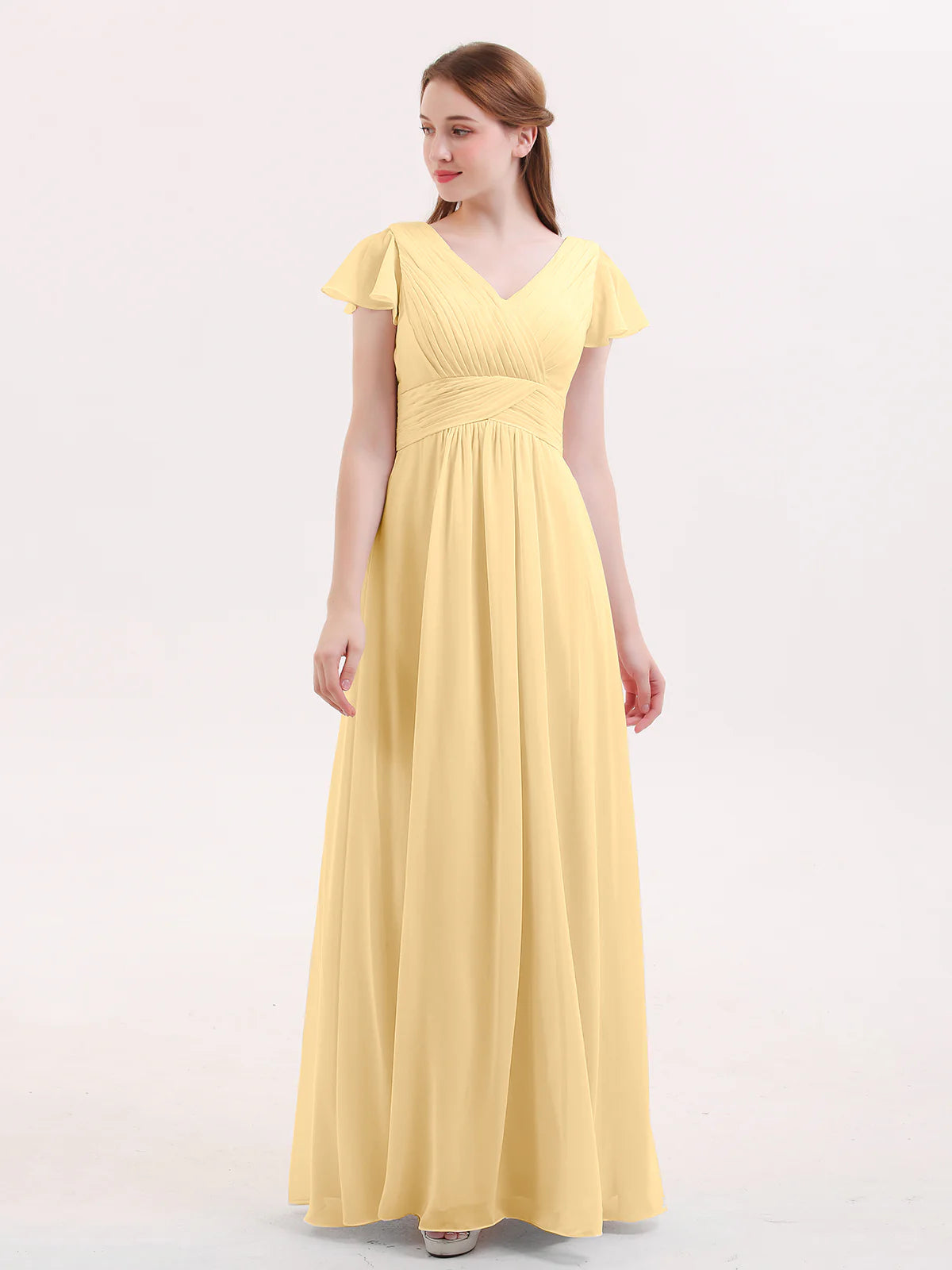 V-Neck Flutter Short Sleeve Ruched Chiffon Bridesmaid Maxi Dress with Back Zipper