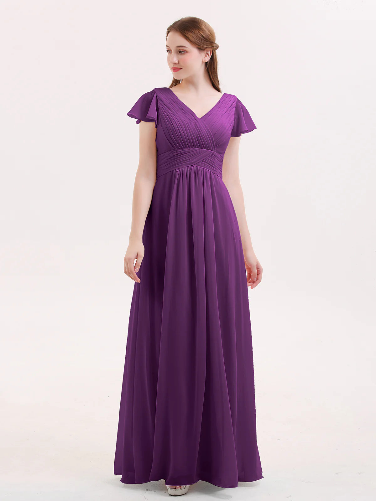 V-Neck Flutter Short Sleeve Ruched Chiffon Bridesmaid Maxi Dress with Back Zipper