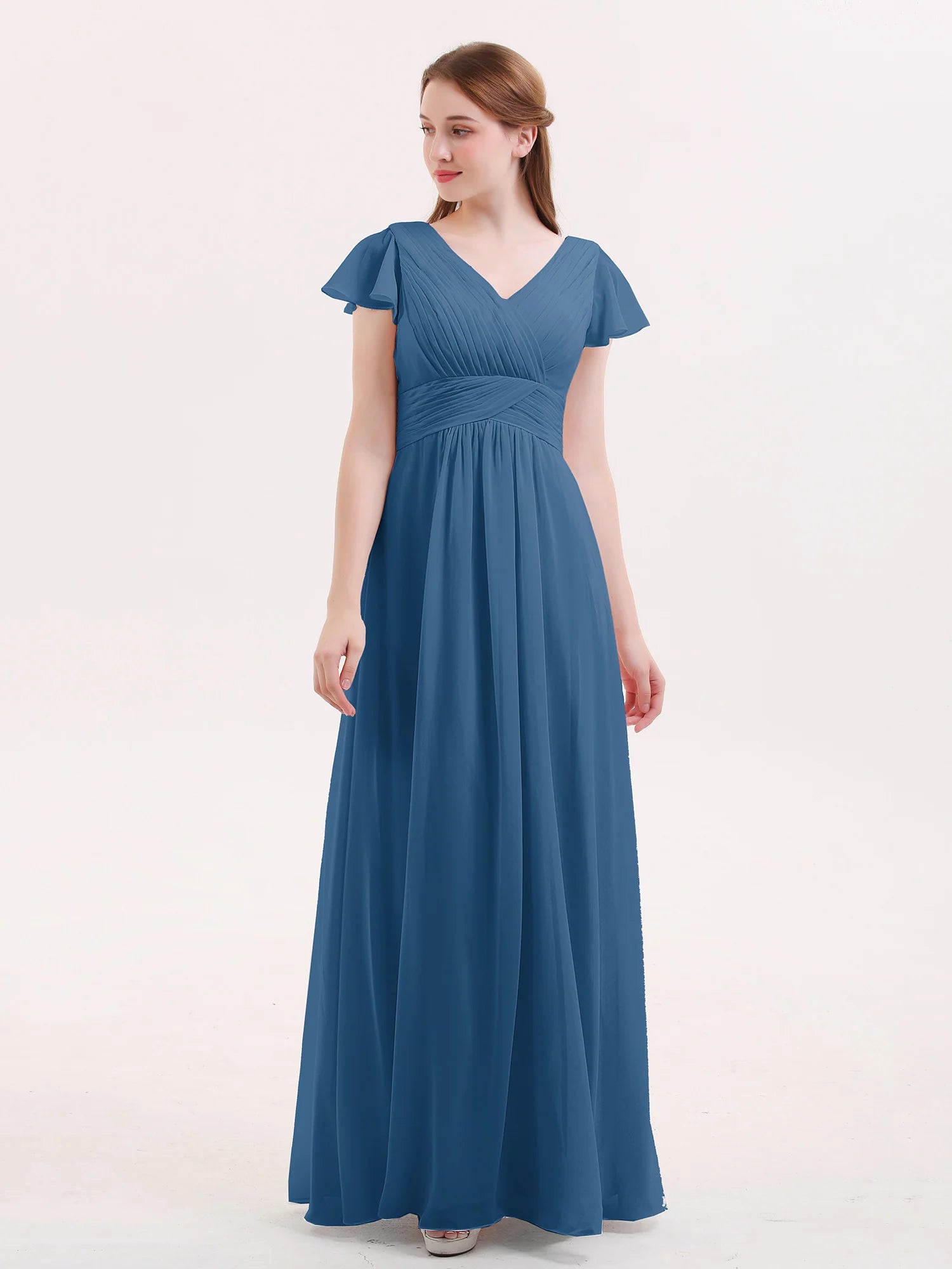 V-Neck Flutter Short Sleeve Ruched Chiffon Bridesmaid Maxi Dress with Back Zipper