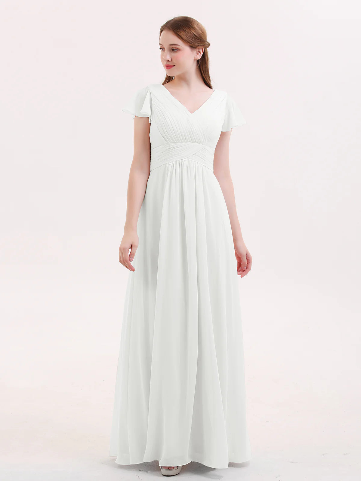 V-Neck Flutter Short Sleeve Ruched Chiffon Bridesmaid Maxi Dress with Back Zipper