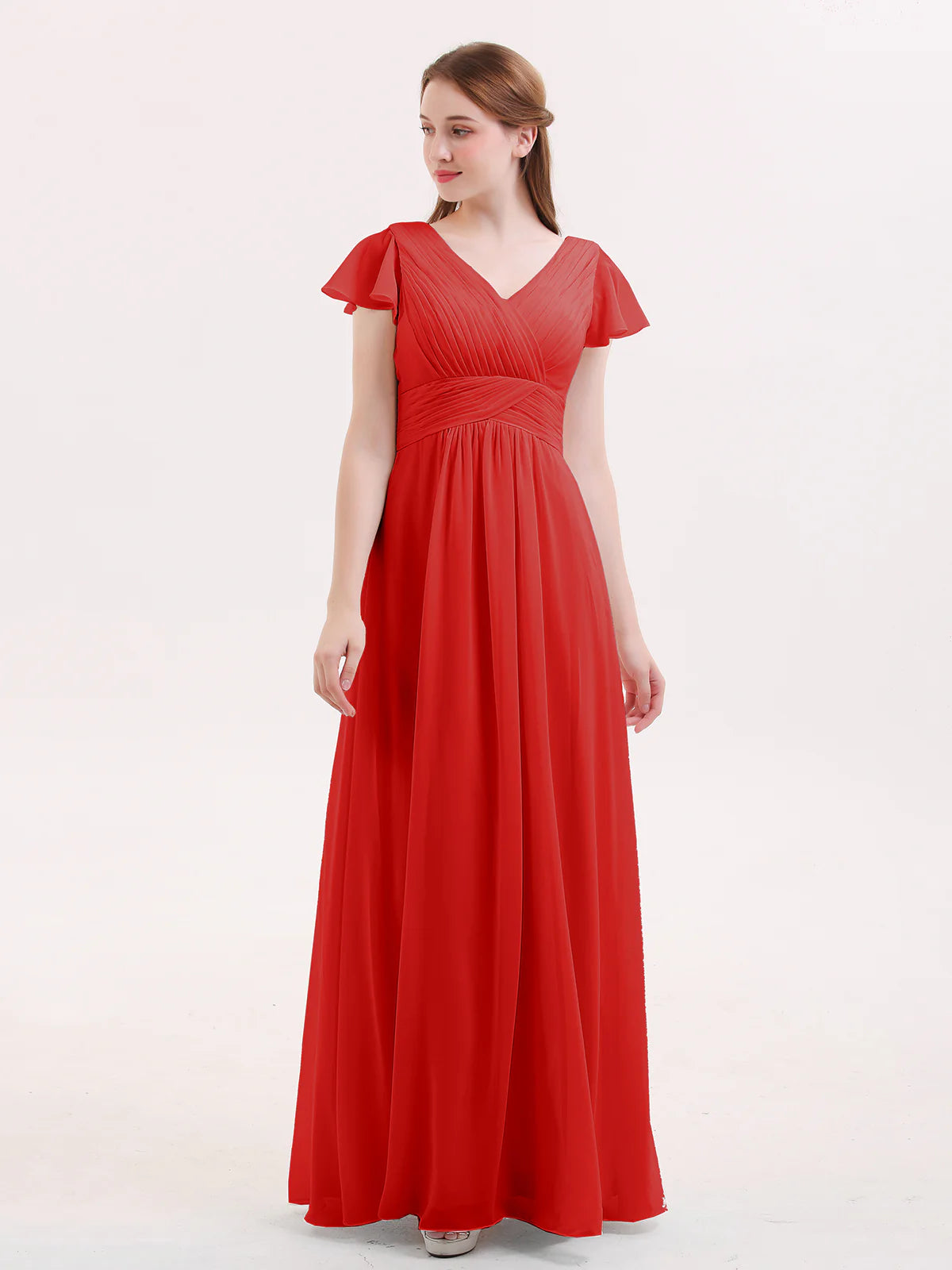 V-Neck Flutter Short Sleeve Ruched Chiffon Bridesmaid Maxi Dress with Back Zipper