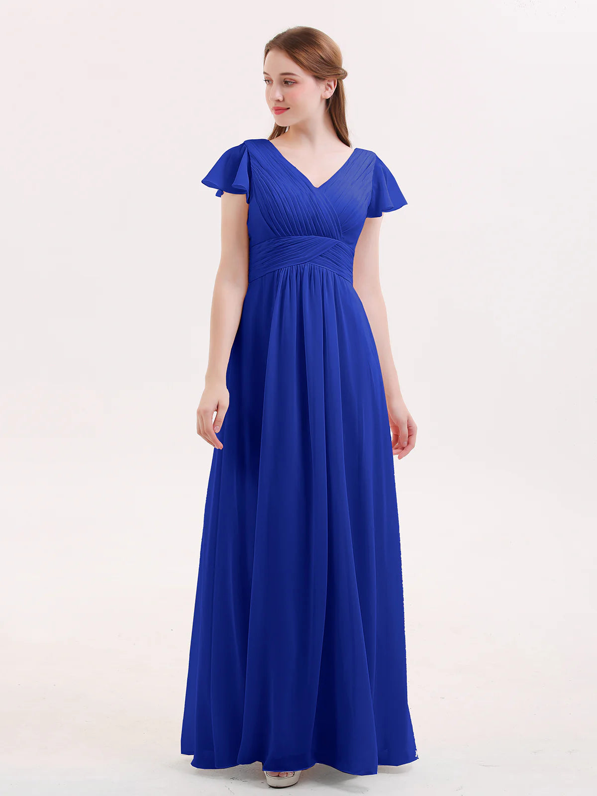V-Neck Flutter Short Sleeve Ruched Chiffon Bridesmaid Maxi Dress with Back Zipper