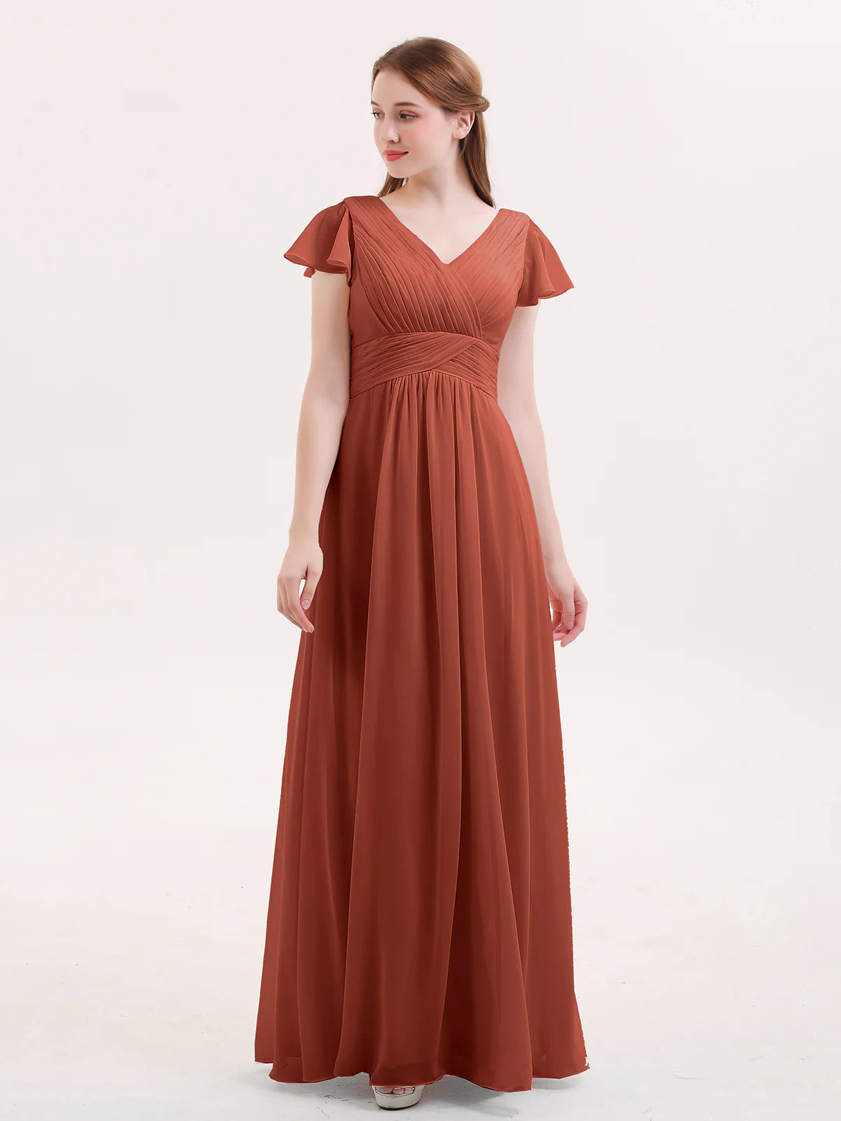 V-Neck Flutter Short Sleeve Ruched Chiffon Bridesmaid Maxi Dress with Back Zipper