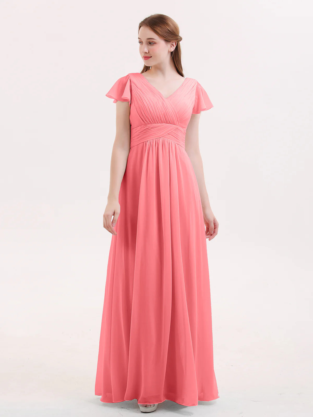 V-Neck Flutter Short Sleeve Ruched Chiffon Bridesmaid Maxi Dress with Back Zipper