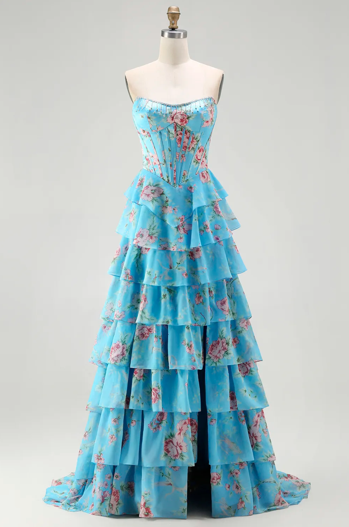 Vestido de Fiesta Largo con Corsé, Escote Corazón, Estampado Floral, Volantes en Capas, Abertura Alta y Corpino Bordado