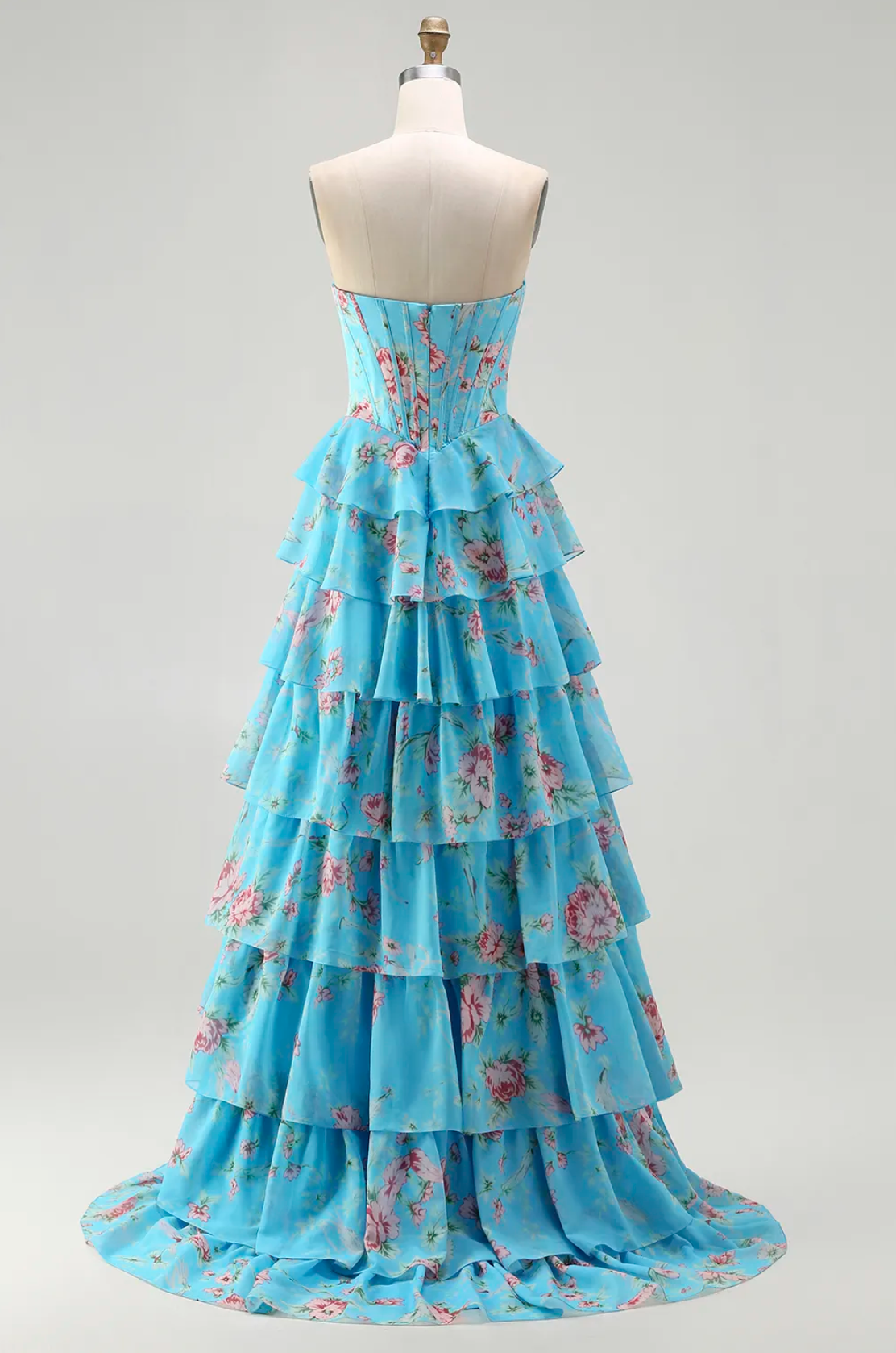 Vestido de Fiesta Largo con Corsé, Escote Corazón, Estampado Floral, Volantes en Capas, Abertura Alta y Corpino Bordado