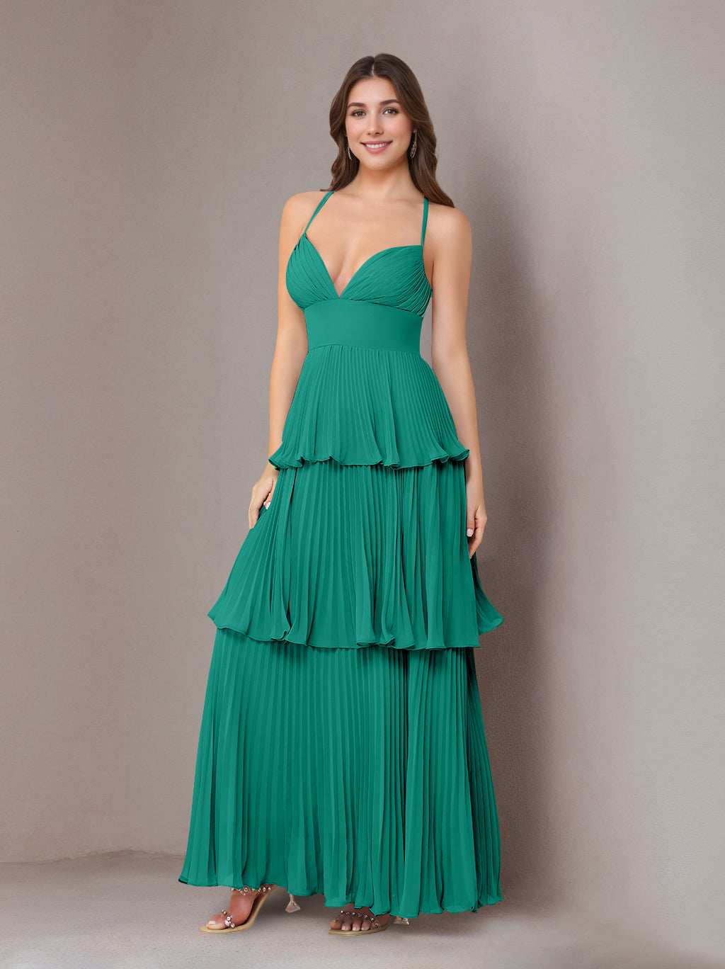 A-Line Maxi Dress Spaghetti Straps Sleeveless Floor-Length Chiffon Wedding Guest Bridesmaid Dresses with Pleated
