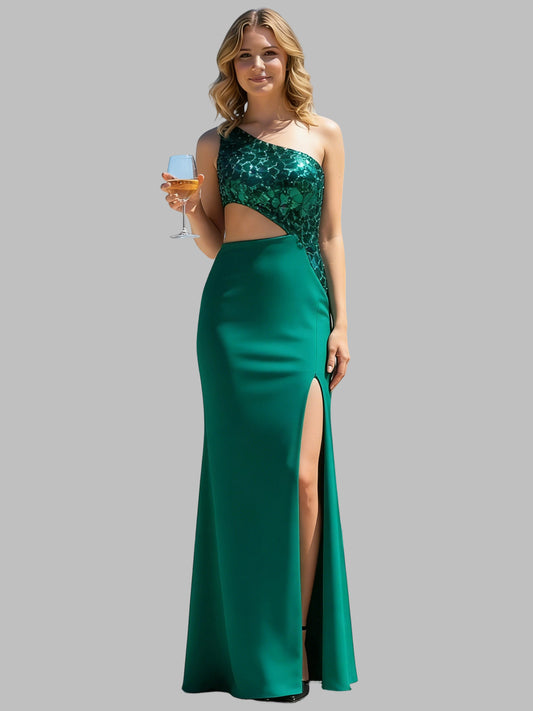 Sheath Column Sweep Brush Train Asymmetrical Prom Dress Party Wedding Guest Wedding Guest Dresses Elegant Party Glittering Sleeveless One Shoulder with Sequin