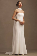 Minimalist Mermaid Strapless Draped Ribbon Zipper Back Sweep Train Wedding Dress