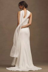 Minimalist Mermaid Strapless Draped Ribbon Zipper Back Sweep Train Wedding Dress