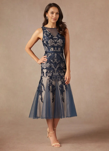 Elegant Mermaid Jewel Neck Tulle Midi Lace Cocktail Formal Mother of the Bride Dress