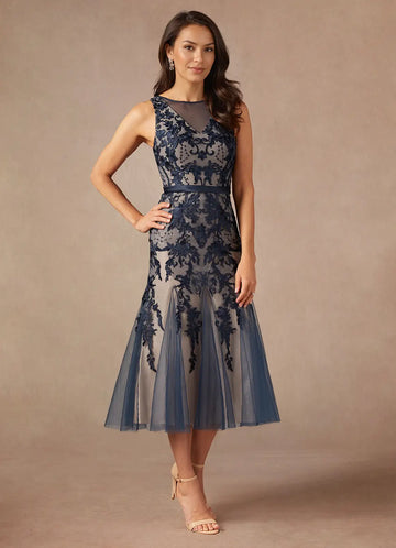 Elegant Mermaid Jewel Neck Tulle Midi Lace Cocktail Formal Mother of the Bride Dress