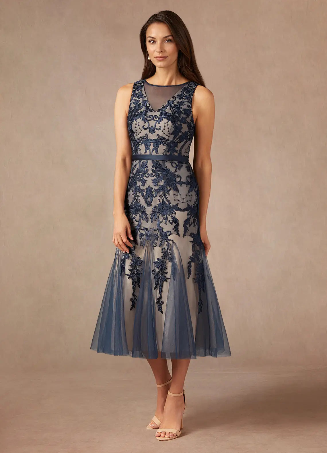Elegant Mermaid Jewel Neck Tulle Midi Lace Cocktail Formal Mother of the Bride Dress
