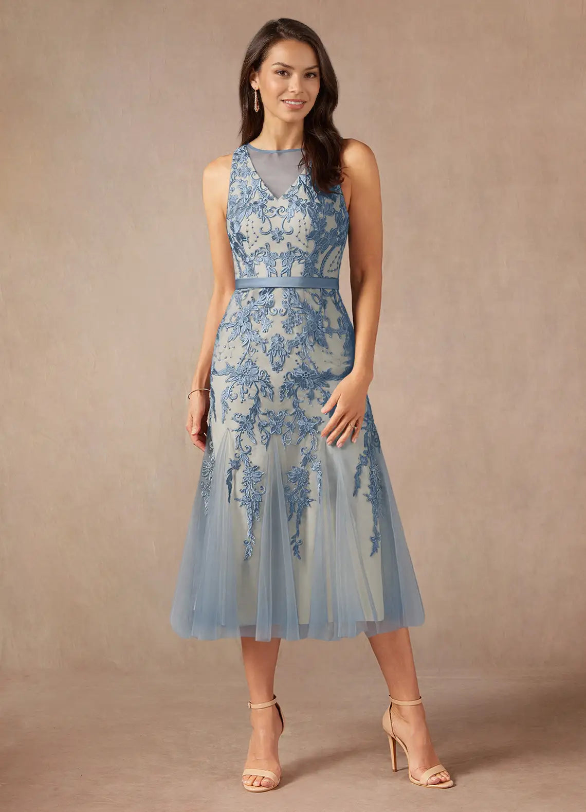 Elegant Mermaid Jewel Neck Tulle Midi Lace Cocktail Formal Mother of the Bride Dress