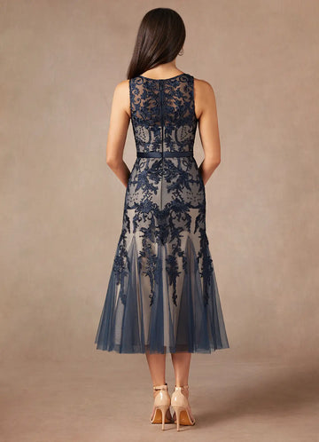 Elegant Mermaid Jewel Neck Tulle Midi Lace Cocktail Formal Mother of the Bride Dress