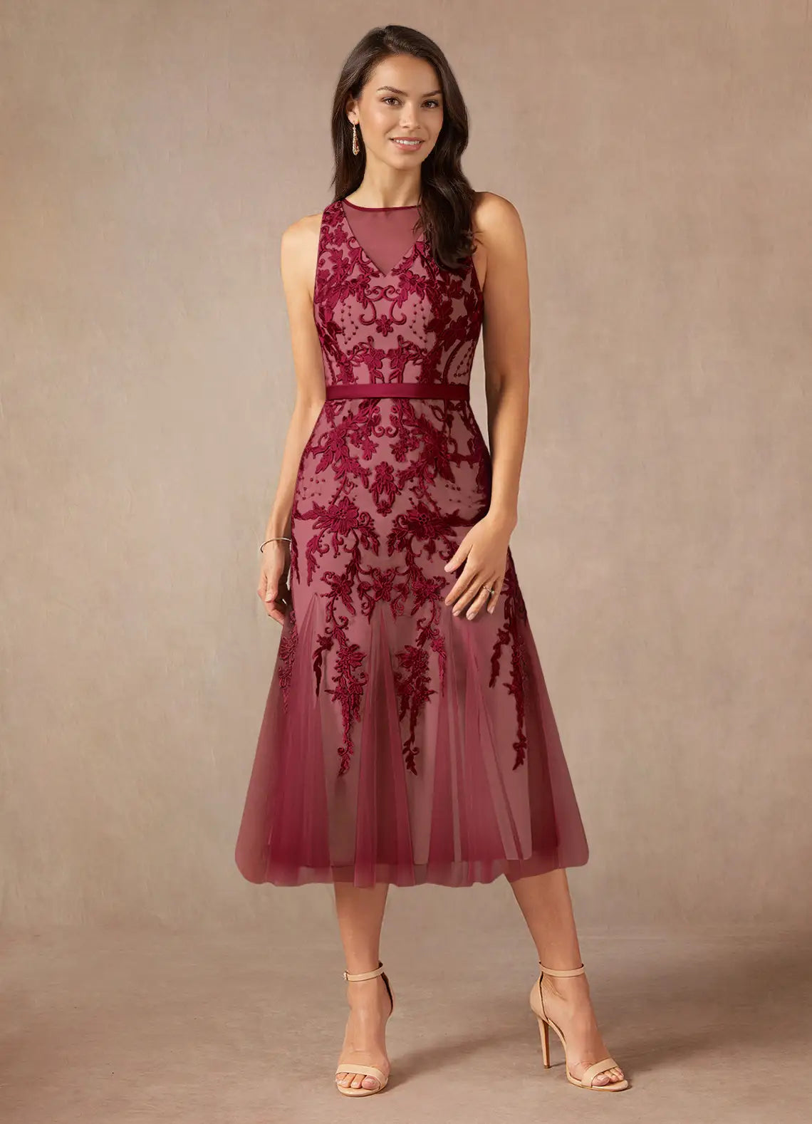 Elegant Mermaid Jewel Neck Tulle Midi Lace Cocktail Formal Mother of the Bride Dress