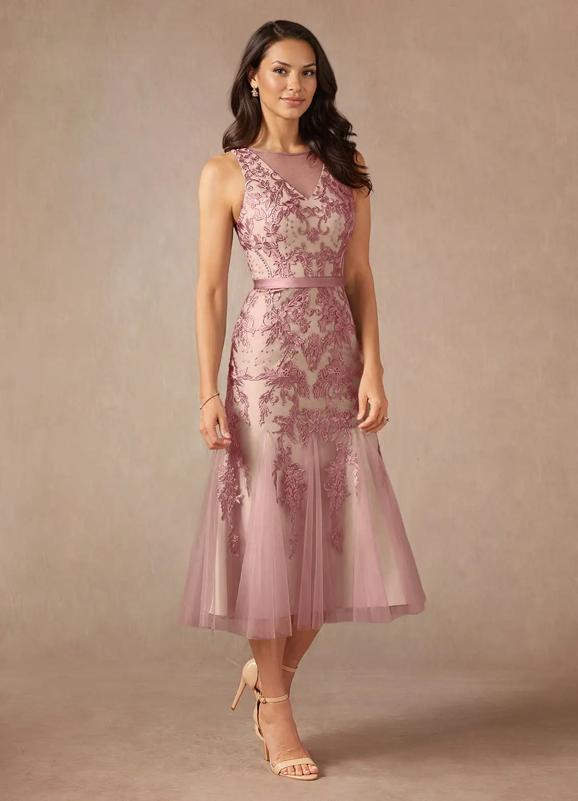 Elegant Mermaid Jewel Neck Tulle Midi Lace Cocktail Formal Mother of the Bride Dress