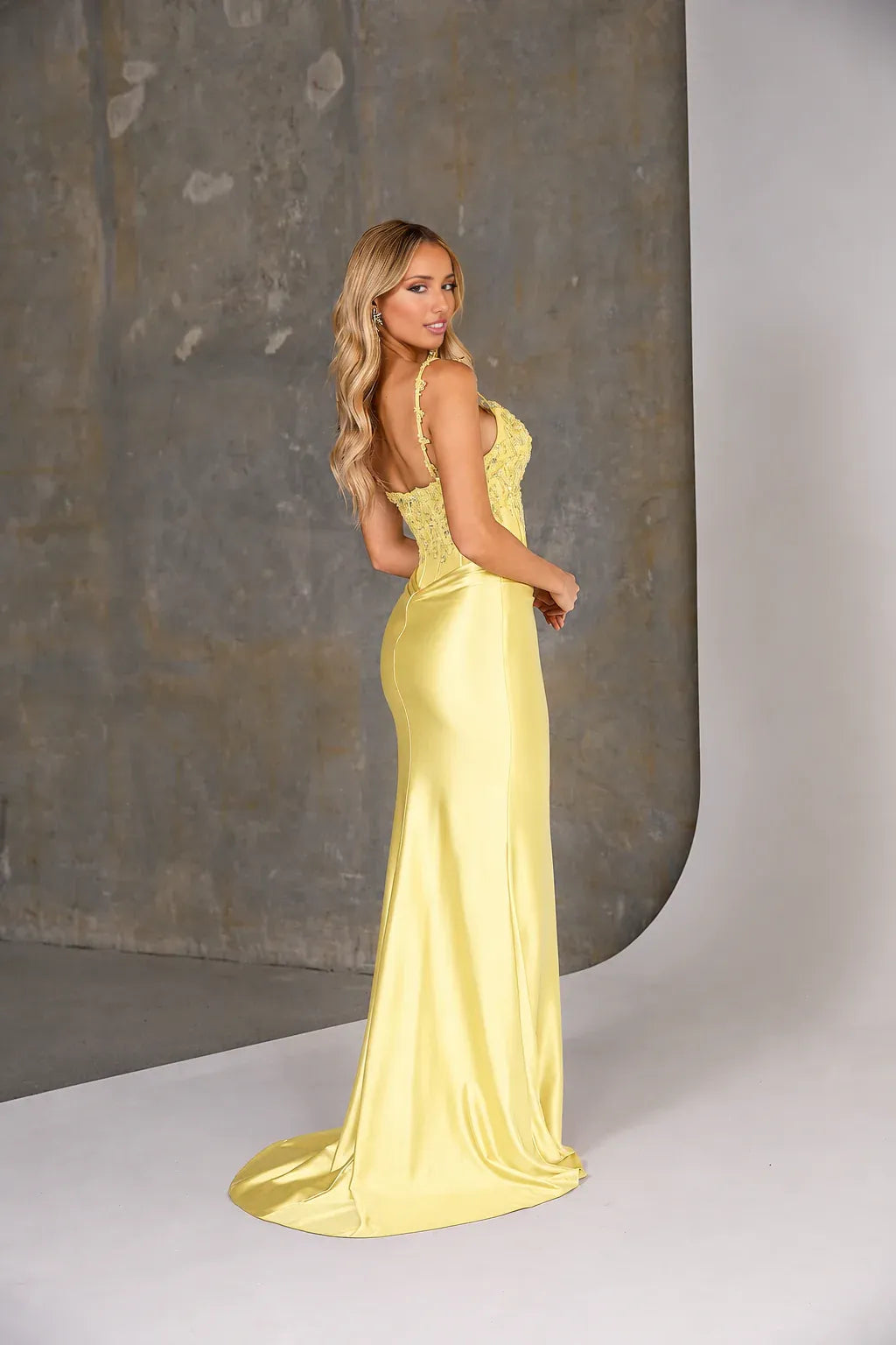 Sophisticated Spaghetti Strap Beaded Applique Illusion Corset Satin Mermaid Prom Gown