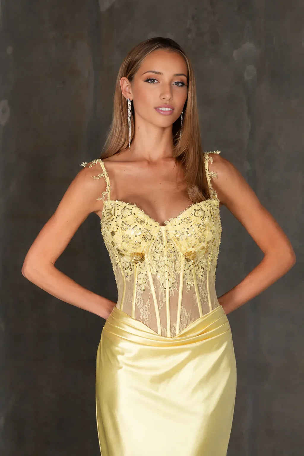 Sophisticated Spaghetti Strap Beaded Applique Illusion Corset Satin Mermaid Prom Gown