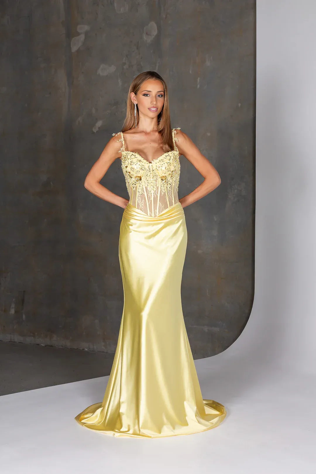 Sophisticated Spaghetti Strap Beaded Applique Illusion Corset Satin Mermaid Prom Gown