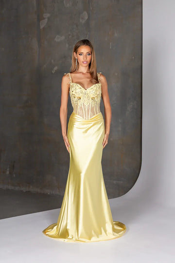 Spaghetti strap mermaid prom gown with beaded applique bodice, illusion corset, and satin skirt