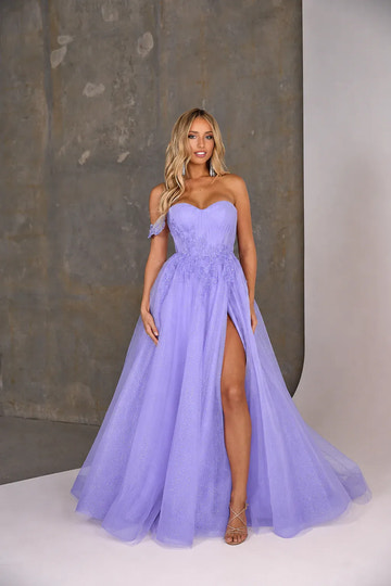 Off-shoulder A-line prom gown with sweetheart neckline, lace applique bodice, glitter tulle skirt, and thigh-high slit