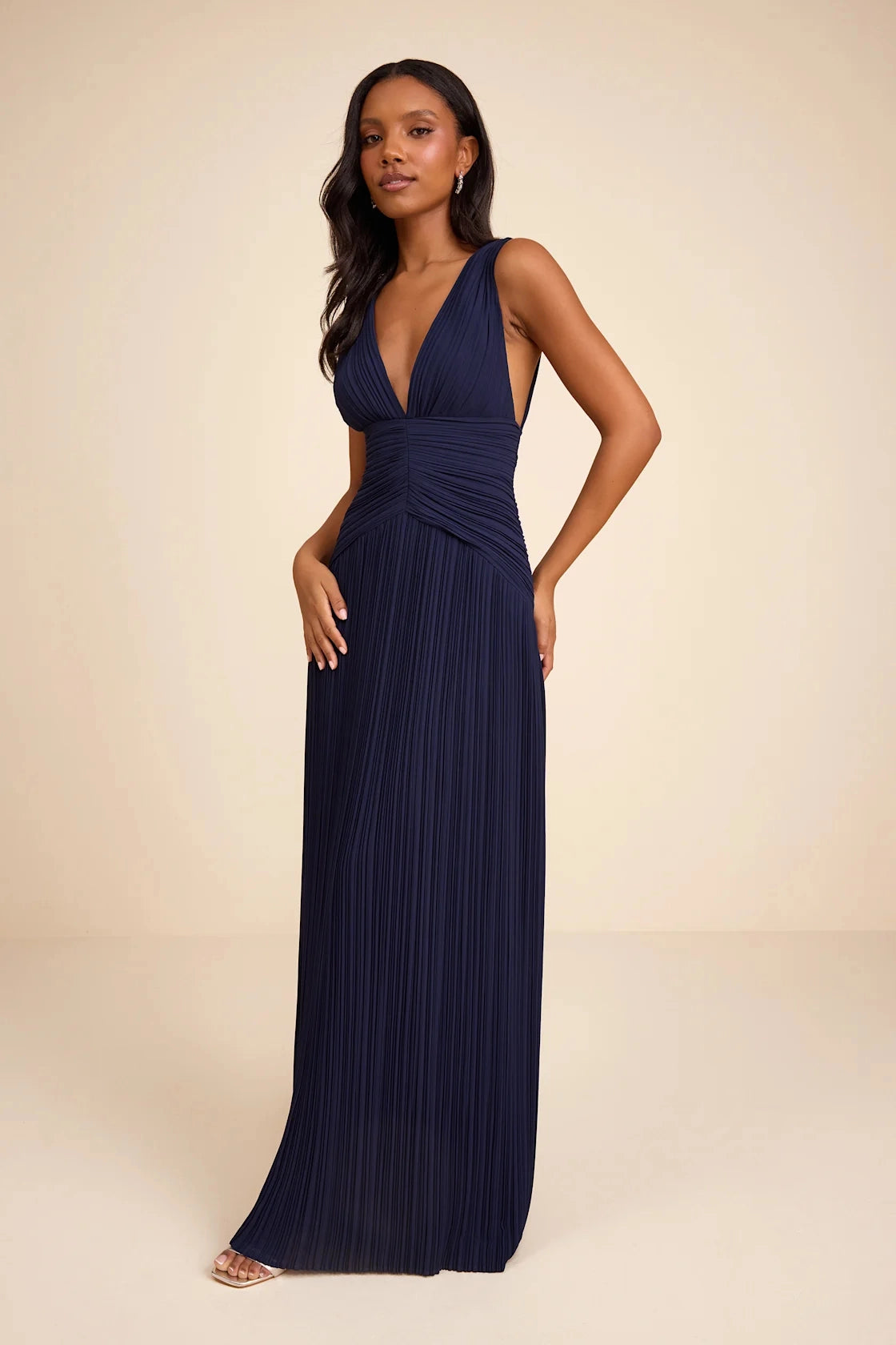 Lemon Yellow Column V Neck Sleeveless Deep Back Maxi Bridesmaid Gown Vedress