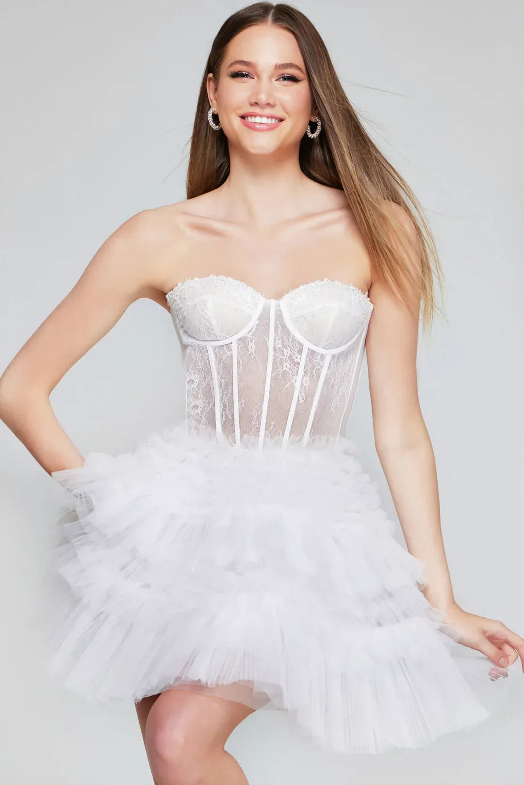Lace A-Line Sweetheart Strapless Tulle Short Tiered Corset Homecoming Dress