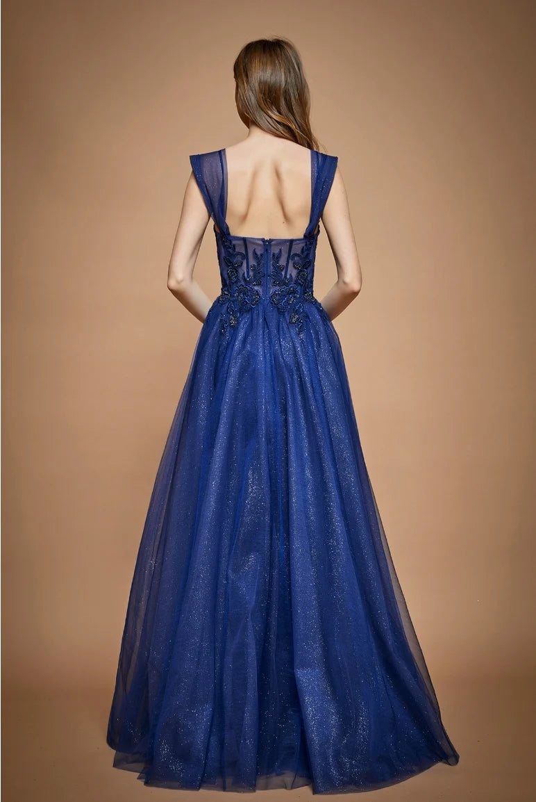 Vestido de fiesta de tul brillante con apliques de encaje, cuello cuadrado, corte princesa y línea A