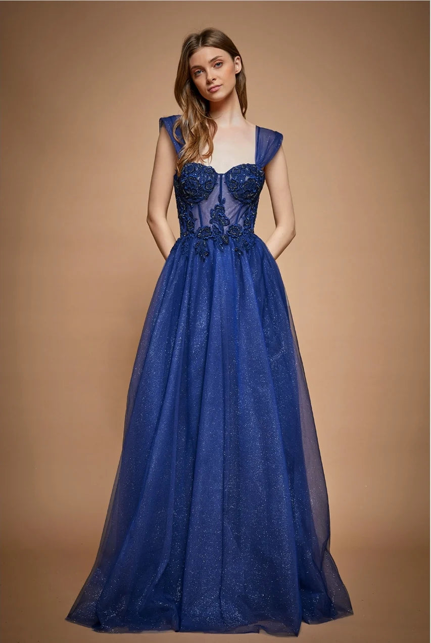 Vestido de fiesta de tul brillante con apliques de encaje, cuello cuadrado, corte princesa y línea A