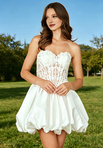 Lindo vestido de fiesta de raso sin tirantes con corsé de encaje y bajo burbuja estilo A.