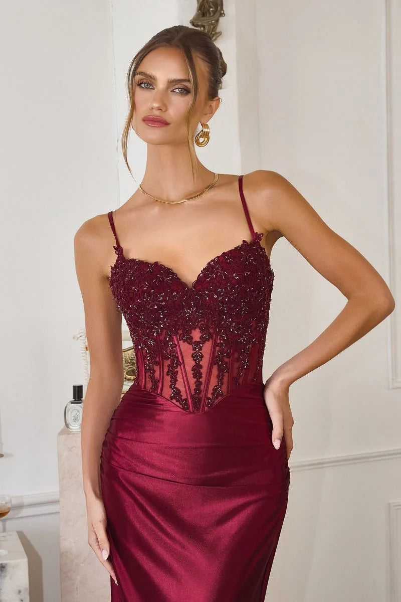 Mermaid Lace Embellished Spaghetti Strap Satin Mermaid Gown Prom Dress