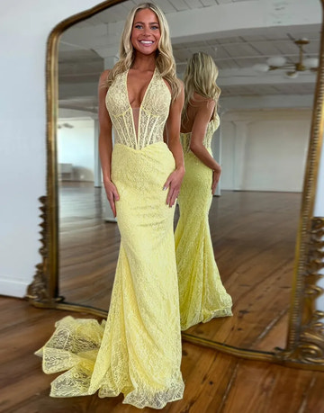 Sparkly Mermaid Corset Lace Halter Backless Long Prom Dress with Slit