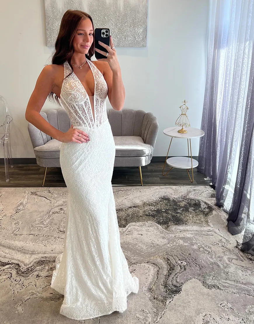 Vestido Largo de Fiesta con Abertura, Corsé de Sirena Brillante, Cuello Halter y Espalda Abierta