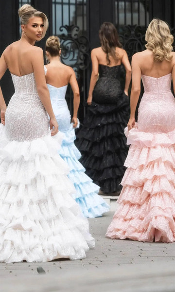 Vestido de fiesta de sirena de encaje glamuroso sin tirantes, corsé con volantes y abertura