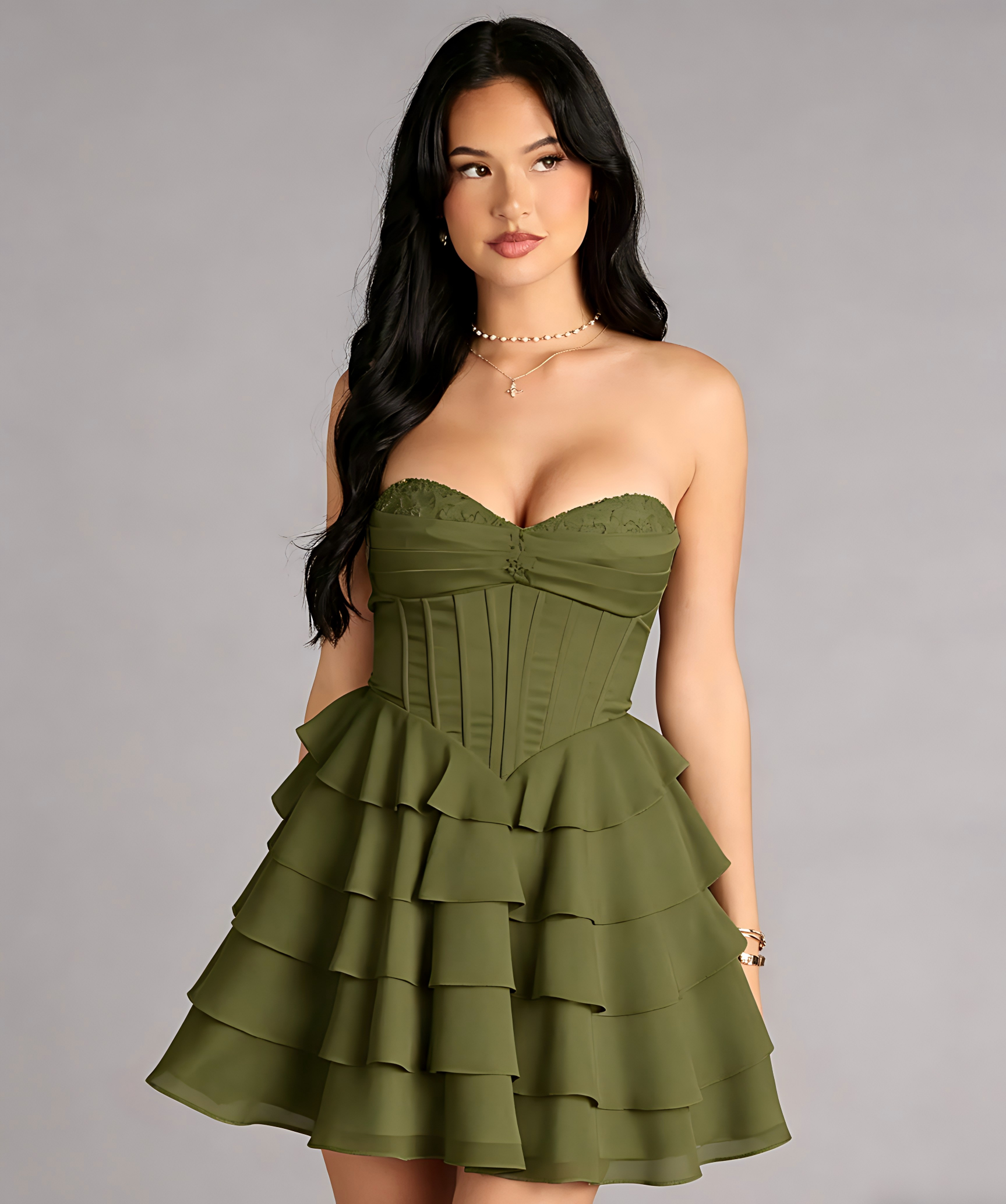 Vestido de cóctel o para regreso a casa mini de corte A con corsé de cordones y volantes, sin tirantes