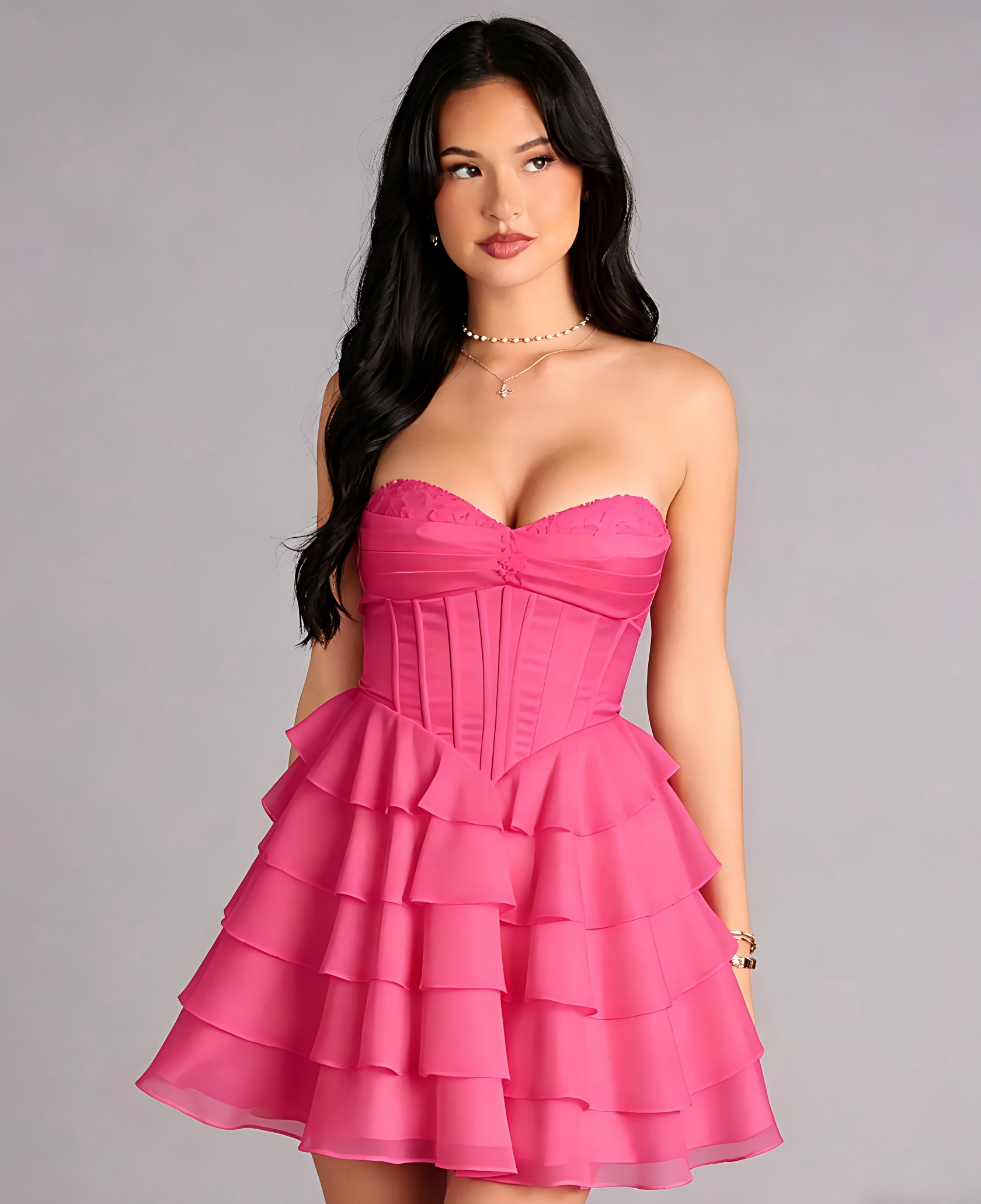 Vestido de cóctel o para regreso a casa mini de corte A con corsé de cordones y volantes, sin tirantes