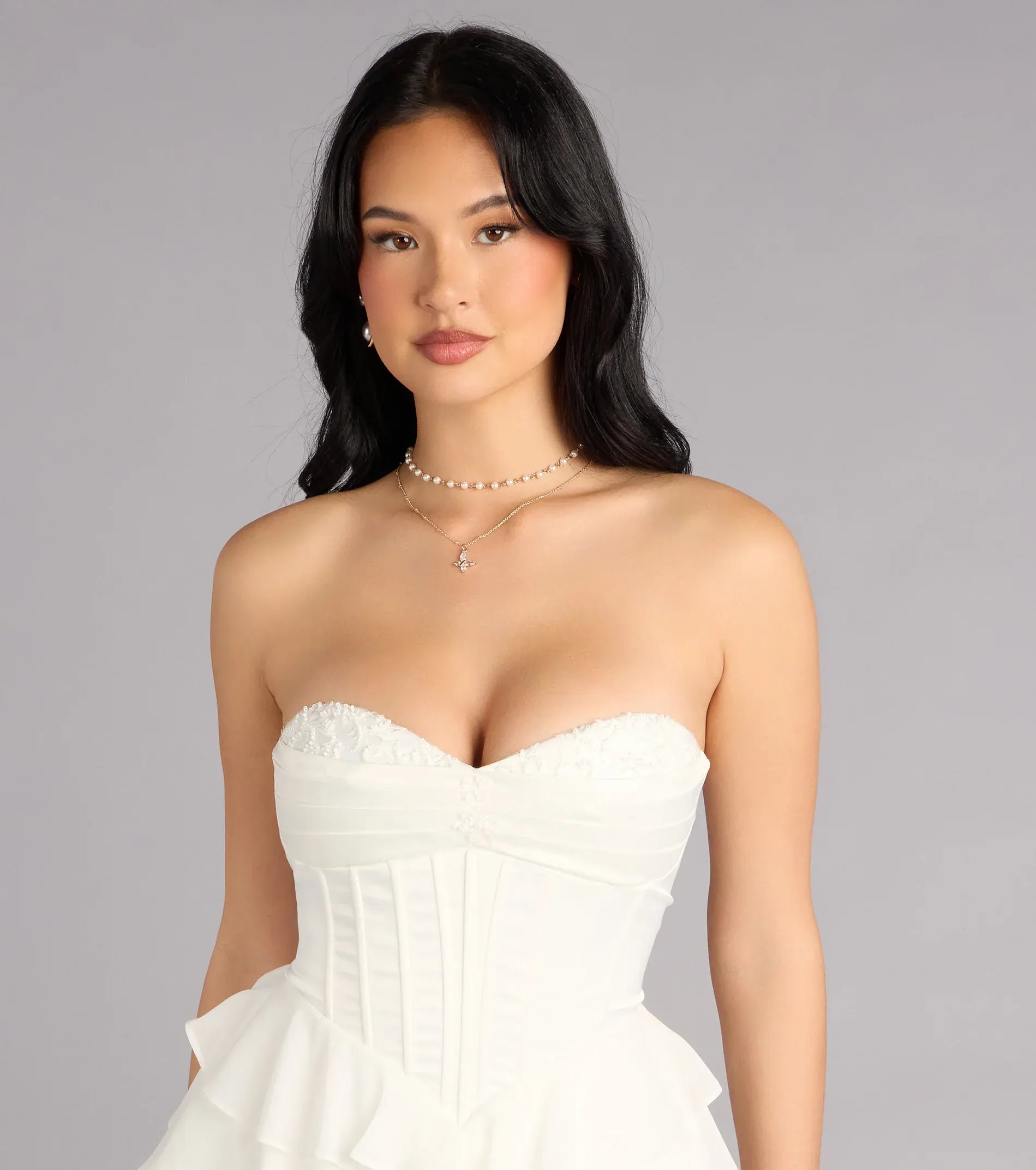 Vestido de cóctel o para regreso a casa mini de corte A con corsé de cordones y volantes, sin tirantes