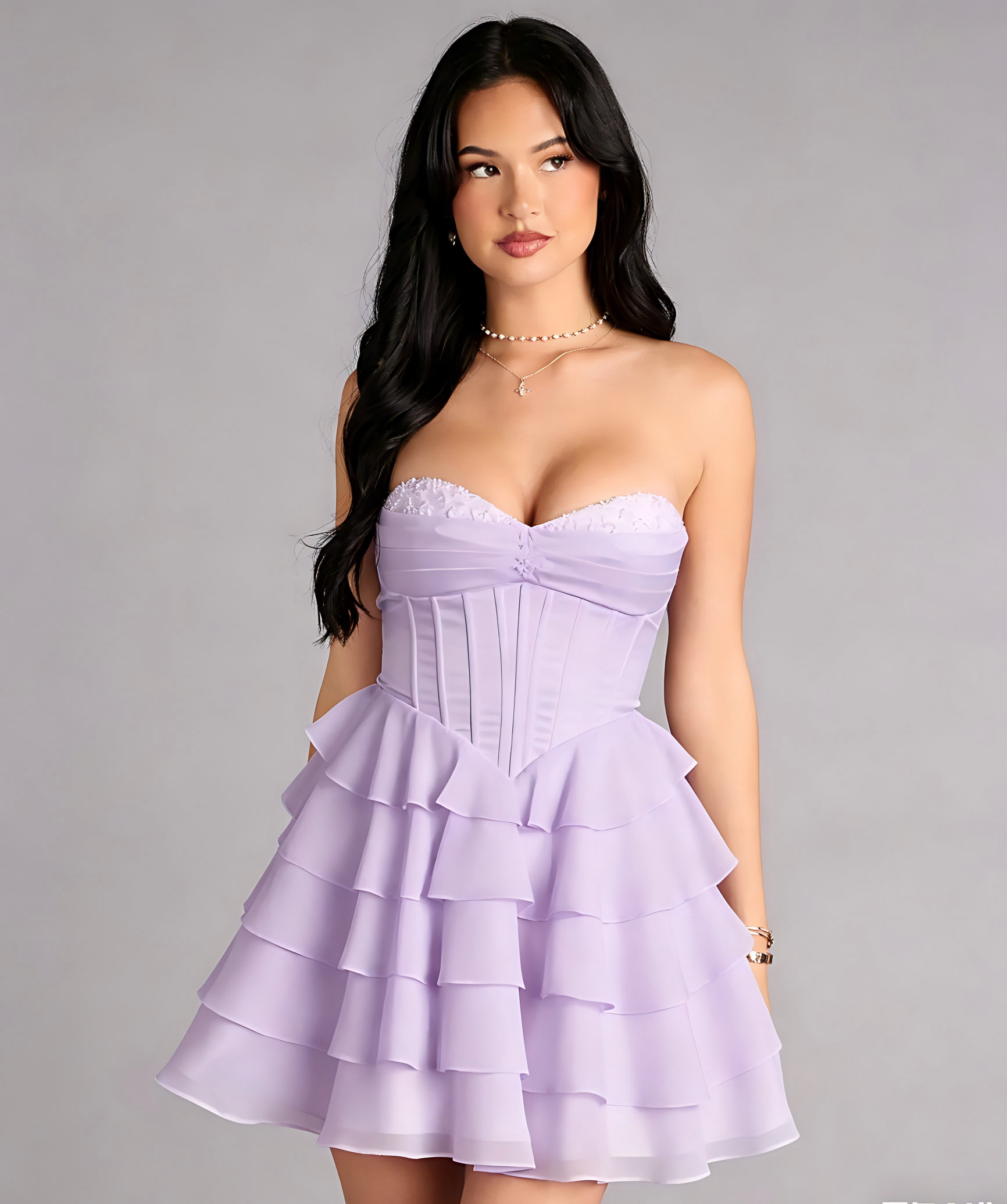 Vestido de cóctel o para regreso a casa mini de corte A con corsé de cordones y volantes, sin tirantes