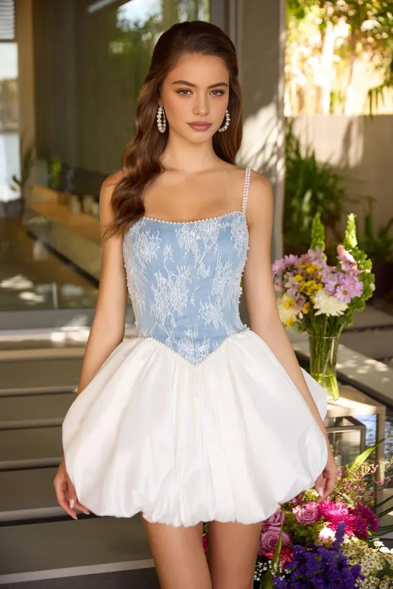 Lace-up Corset Sweetheart Spaghetti Strap Lace Ballerina Mini Homecoming Dress with Beaded Straps