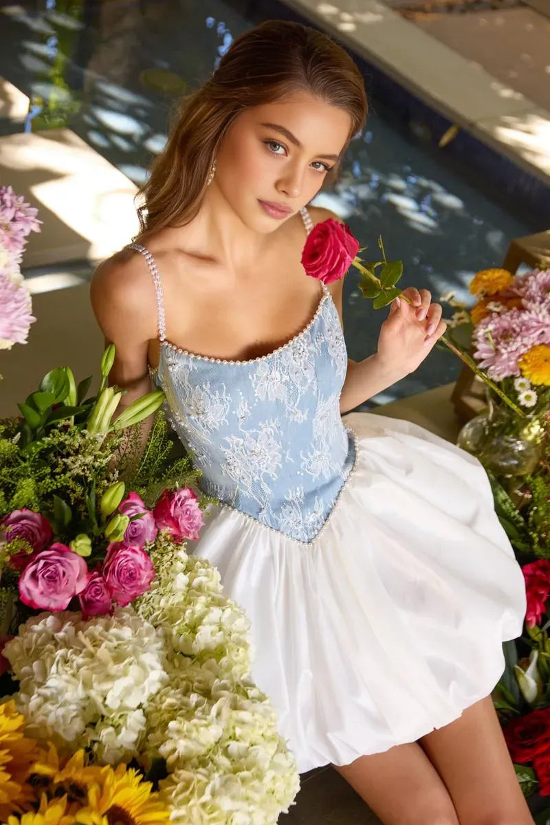 Lace-up Corset Sweetheart Spaghetti Strap Lace Ballerina Mini Homecoming Dress with Beaded Straps